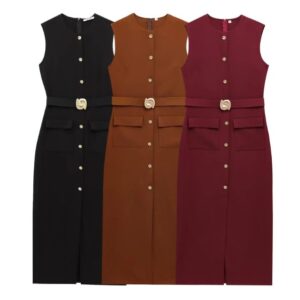 New Chic Fashion With a Belt Crepe MIDI Dress Vintage Sleeveless Female Dresses